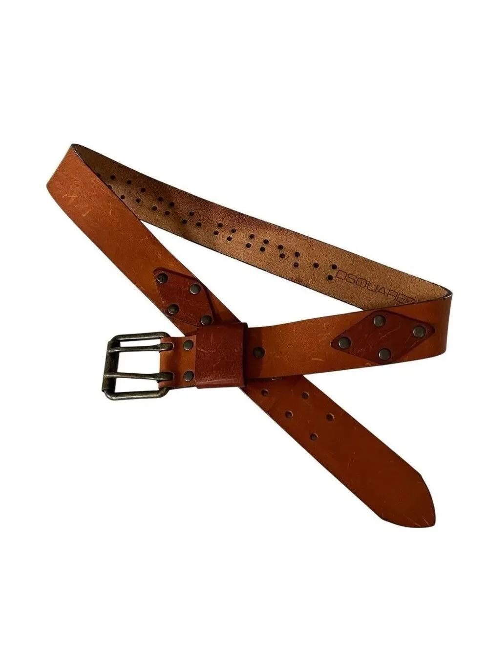 DSQUARED2 Brown Leather Belt Double Prong Studded Lettering Logo Brass Buckle M